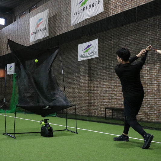 Compact Auto-Return Set for Perforated Balls │ Baseball Toss Machine & Net Set
